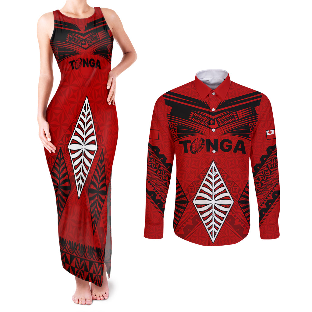Tonga Rugby Couples Matching Tank Maxi Dress and Long Sleeve Button Shirts Proud Tongan Ngatu Kupesi World Cup 2023 No2 LT9 Black - Polynesian Pride