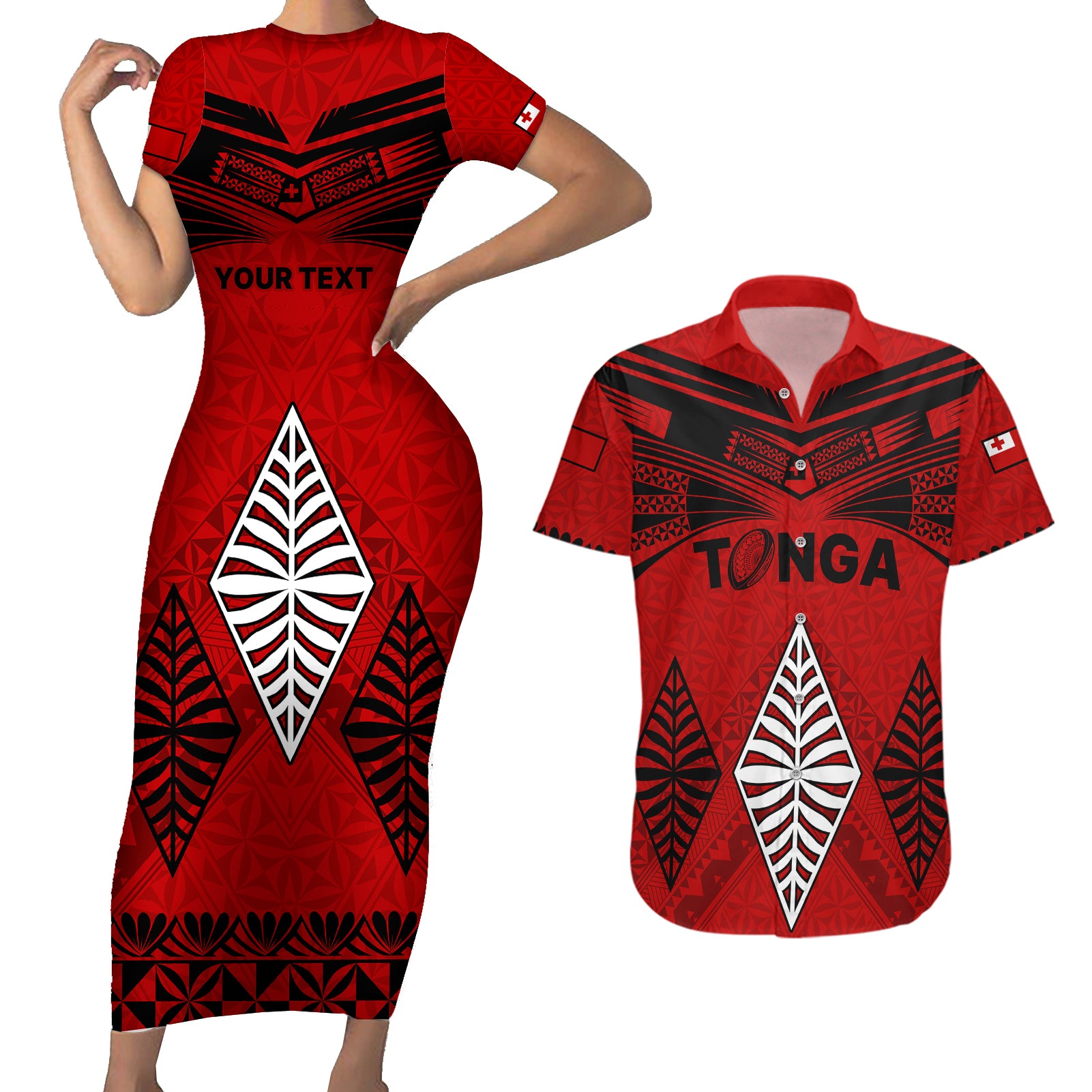 Custom Tonga Rugby Couples Matching Short Sleeve Bodycon Dress and Hawaiian Shirt Proud Tongan Ngatu Kupesi World Cup 2023 No2 LT9 Black - Polynesian Pride