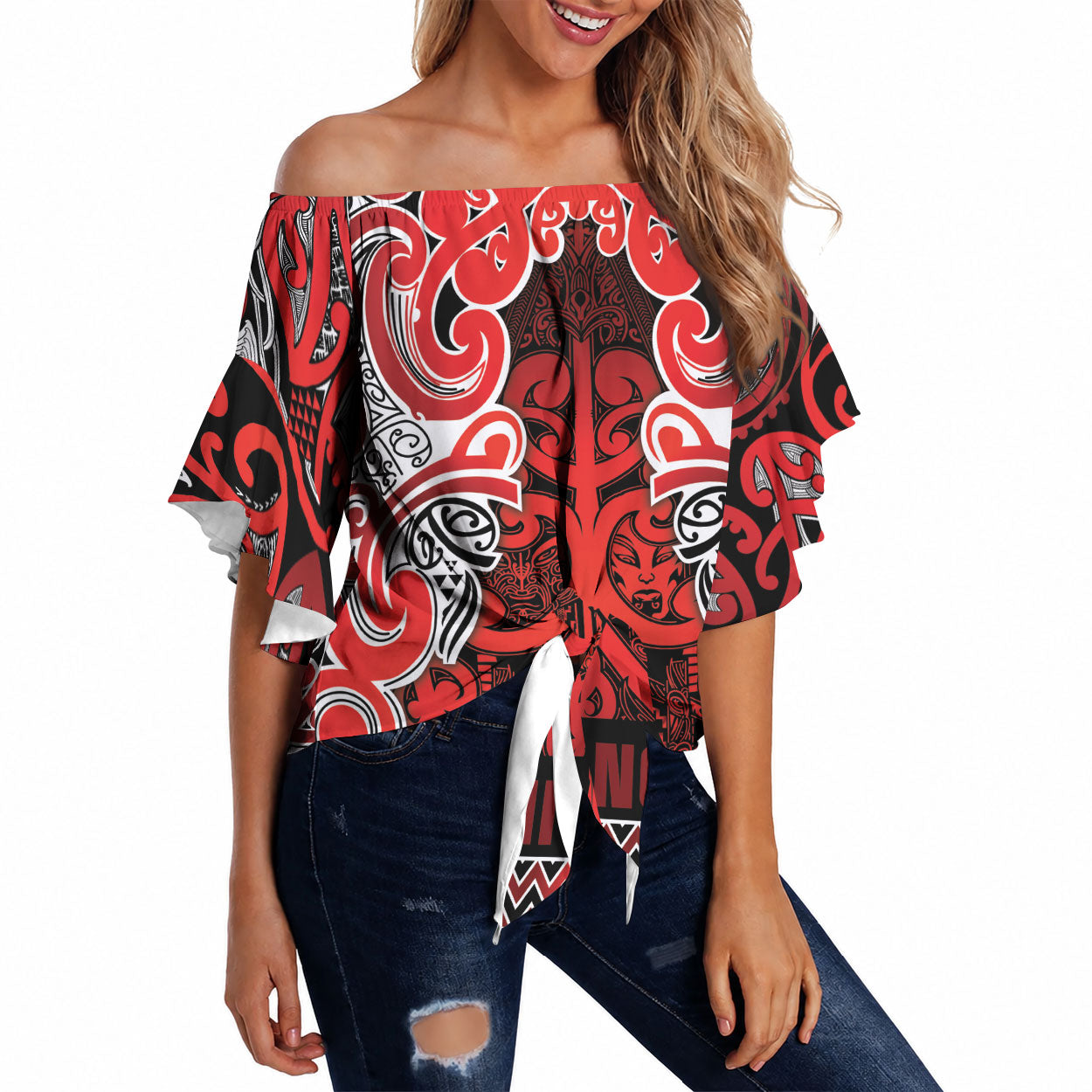 Aotearoa Iwi Ngapuhi Off Shoulder Wrap Waist Top Maori Wharenui House Tribal Pattern LT9 Red - Polynesian Pride