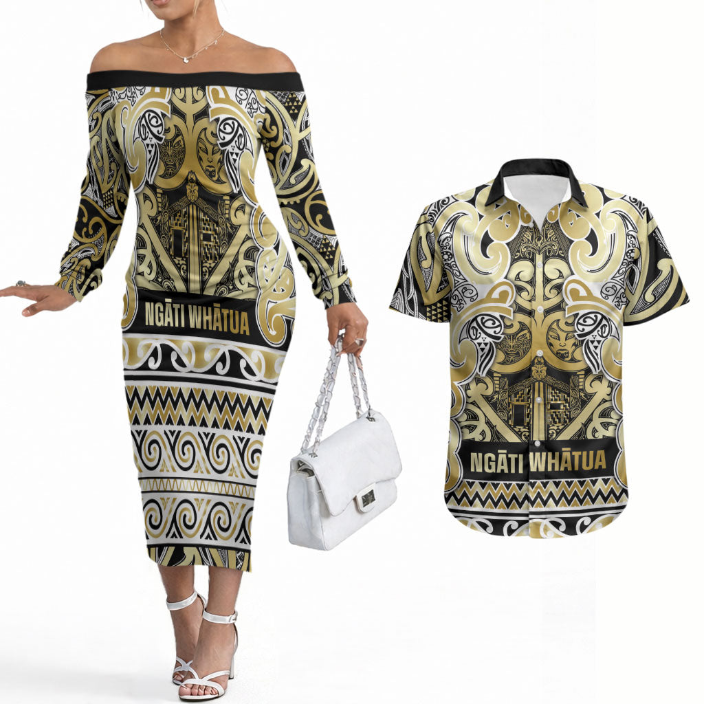 Aotearoa Iwi Ngati Whatua Couples Matching Off The Shoulder Long Sleeve Dress and Hawaiian Shirt Maori Wharenui House Tribal Pattern LT9 Gold - Polynesian Pride