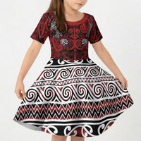 Aotearoa Iwi Te Arawa Kid Short Sleeve Dress Maori Wharenui House Tribal Pattern LT9 KID Dark Red - Polynesian Pride