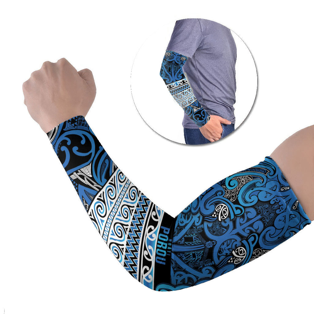Aotearoa Iwi Ngati Porou Arm Sleeves Maori Wharenui House Tribal Pattern LT9 Set of 2 Blue - Polynesian Pride