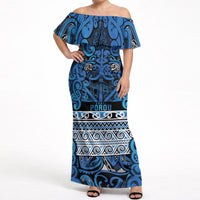 Aotearoa Iwi Ngati Porou Off Shoulder Maxi Dress Maori Wharenui House Tribal Pattern LT9 Women Blue - Polynesian Pride