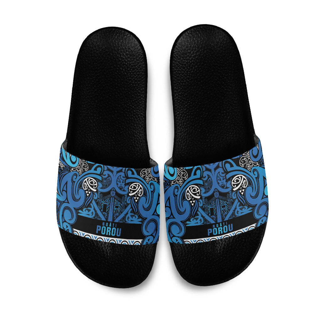 Aotearoa Iwi Ngati Porou Slide Sandals Maori Wharenui House Tribal Pattern LT9 Blue - Polynesian Pride