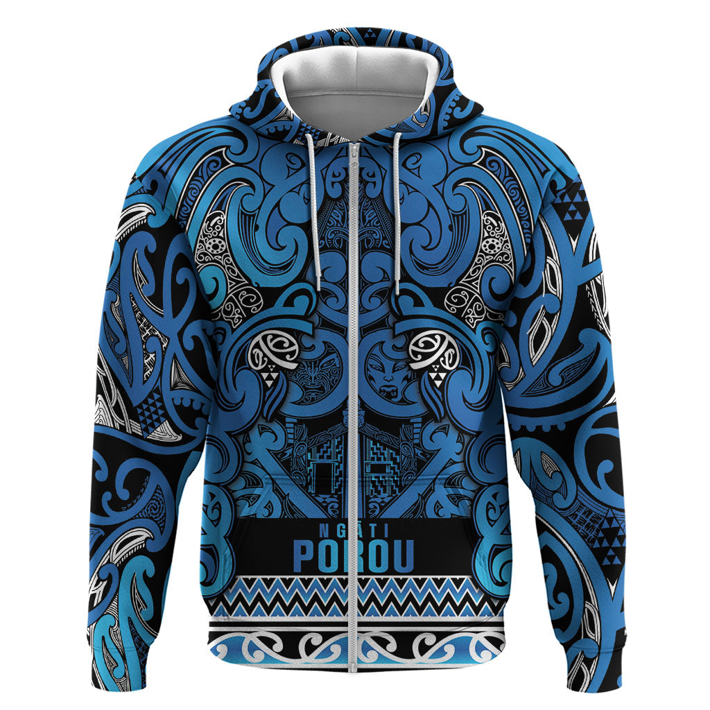 Aotearoa Iwi Ngati Porou Zip Hoodie Maori Wharenui House Tribal Pattern LT9 Zip Hoodie Blue - Polynesian Pride