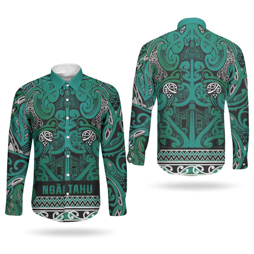 Aotearoa Iwi Ngai Tahu Couples Matching Mermaid Dress and Long Sleeve Button Shirt Maori Wharenui House Tribal Pattern LT9 - Polynesian Pride