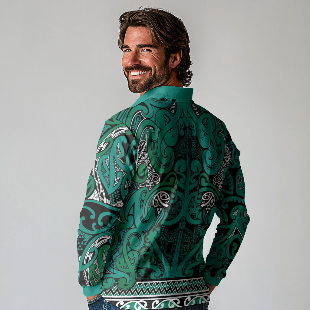 Aotearoa Iwi Ngai Tahu Long Sleeve Polo Shirt Maori Wharenui House Tribal Pattern LT9 - Polynesian Pride