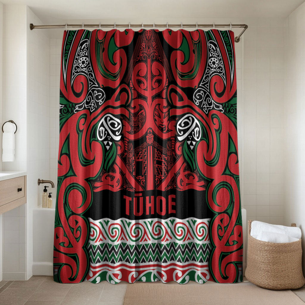 Aotearoa Iwi Tuhoe Bathroom Set Maori Wharenui House Tribal Pattern LT9 Shower Curtain Only Green Red - Polynesian Pride