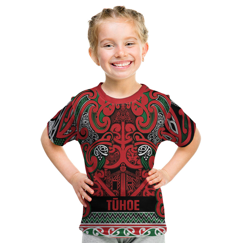 Aotearoa Iwi Tuhoe Kid T Shirt Maori Wharenui House Tribal Pattern LT9 Green Red - Polynesian Pride
