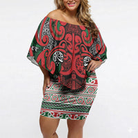 Aotearoa Iwi Tuhoe Off Shoulder Short Dress Maori Wharenui House Tribal Pattern LT9 Women Green Red - Polynesian Pride