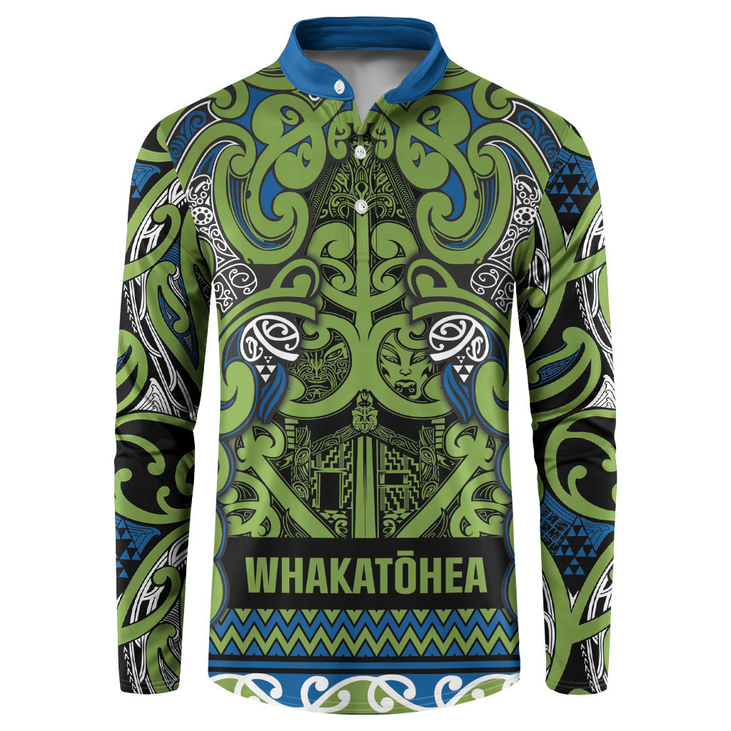 Aotearoa Iwi Whakatohea Button Sweatshirt Maori Wharenui House Tribal Pattern LT9 Olive green - Polynesian Pride