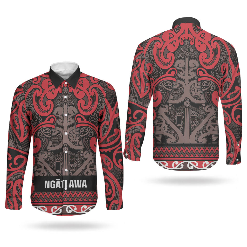 Aotearoa Iwi Ngati Awa Couples Matching Long Sleeve Bodycon Dress and Long Sleeve Button Shirt Maori Wharenui House Tribal Pattern LT9 - Polynesian Pride