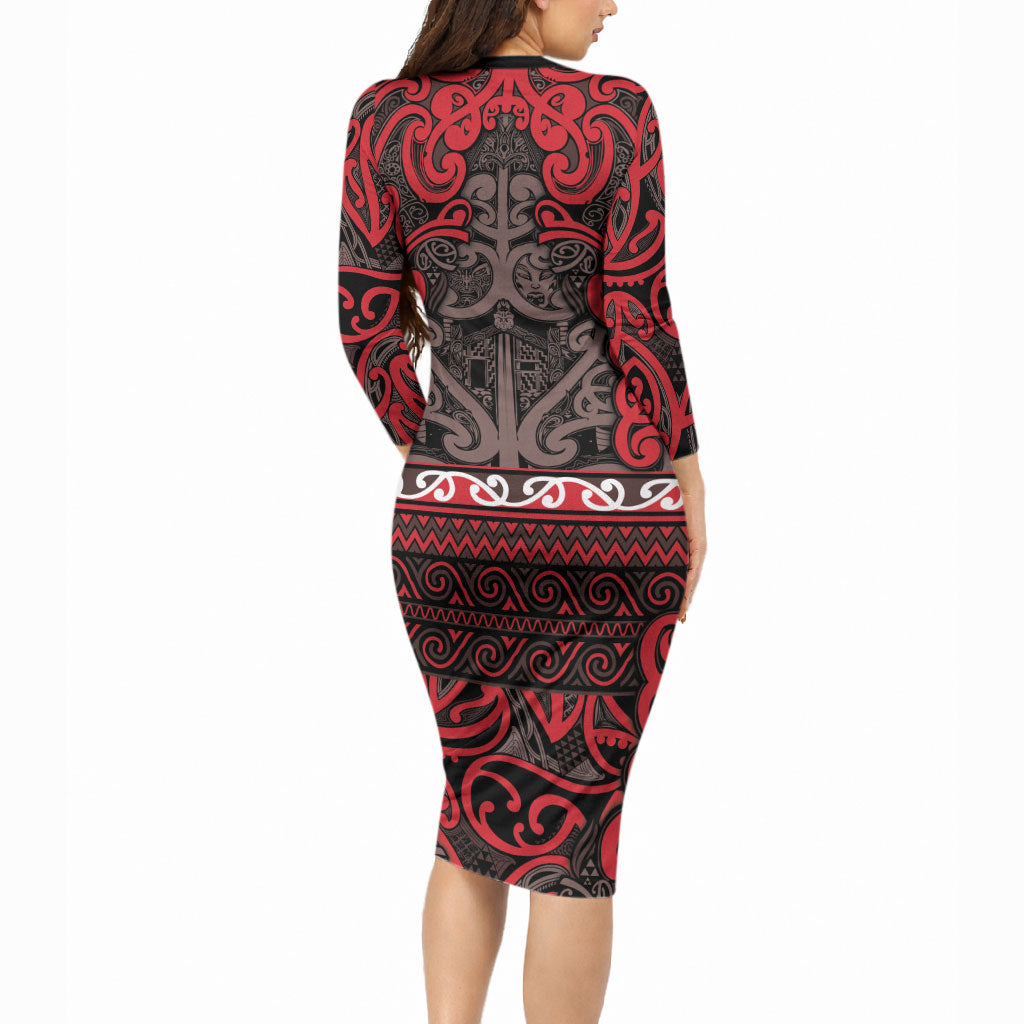 Aotearoa Iwi Ngati Awa Long Sleeve Bodycon Dress Maori Wharenui House Tribal Pattern LT9 - Polynesian Pride