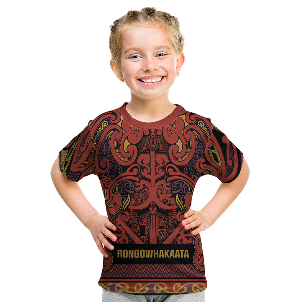 Aotearoa Iwi Rongowhakaata Kid T Shirt Maori Wharenui House Tribal Pattern LT9 Brick Red - Polynesian Pride
