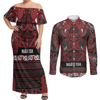 Aotearoa Iwi Ngati Toa Couples Matching Off Shoulder Maxi Dress and Long Sleeve Button Shirt Maori Wharenui House Tribal Pattern LT9 Dark Red - Polynesian Pride