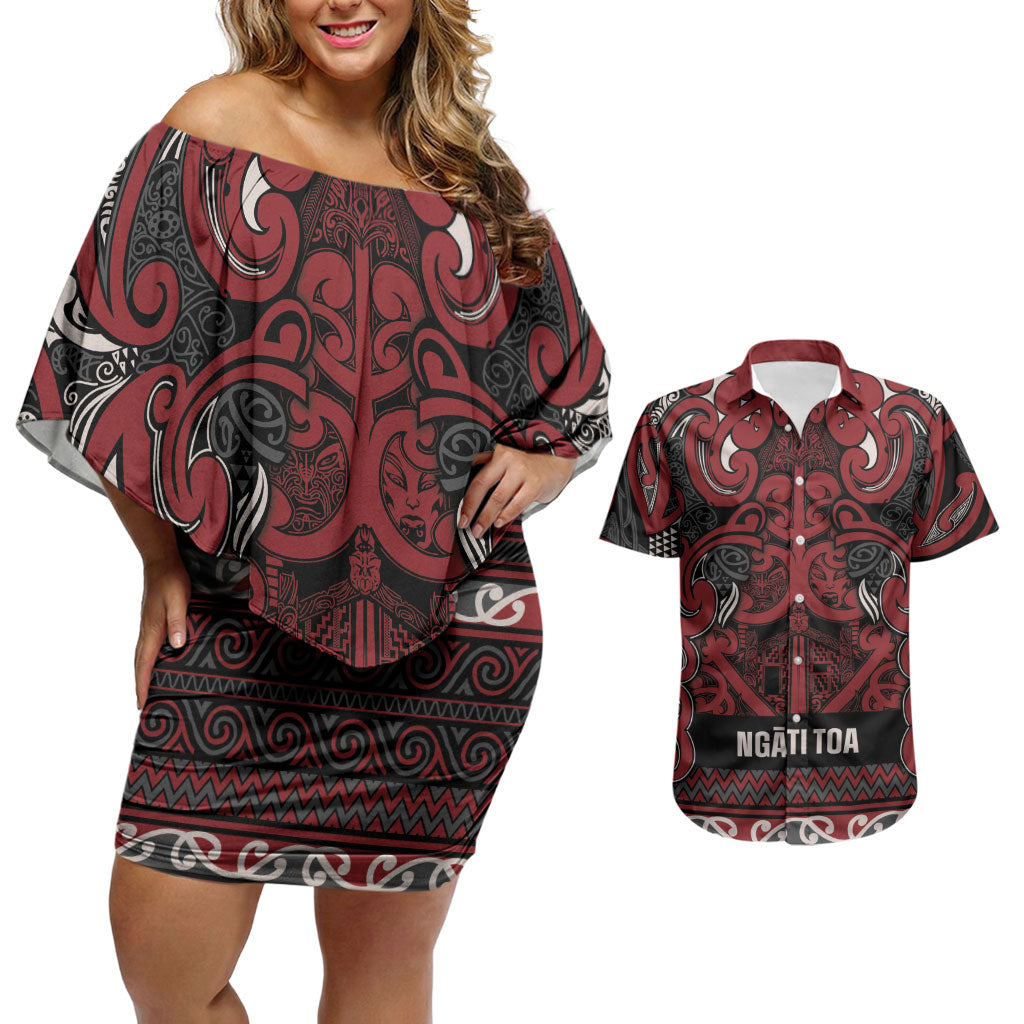 Aotearoa Iwi Ngati Toa Couples Matching Off Shoulder Short Dress and Hawaiian Shirt Maori Wharenui House Tribal Pattern LT9 Dark Red - Polynesian Pride