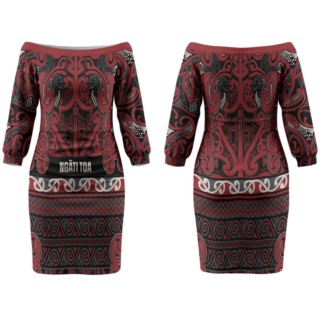 Aotearoa Iwi Ngati Toa Couples Matching Off The Shoulder Long Sleeve Dress and Long Sleeve Button Shirt Maori Wharenui House Tribal Pattern LT9 - Polynesian Pride