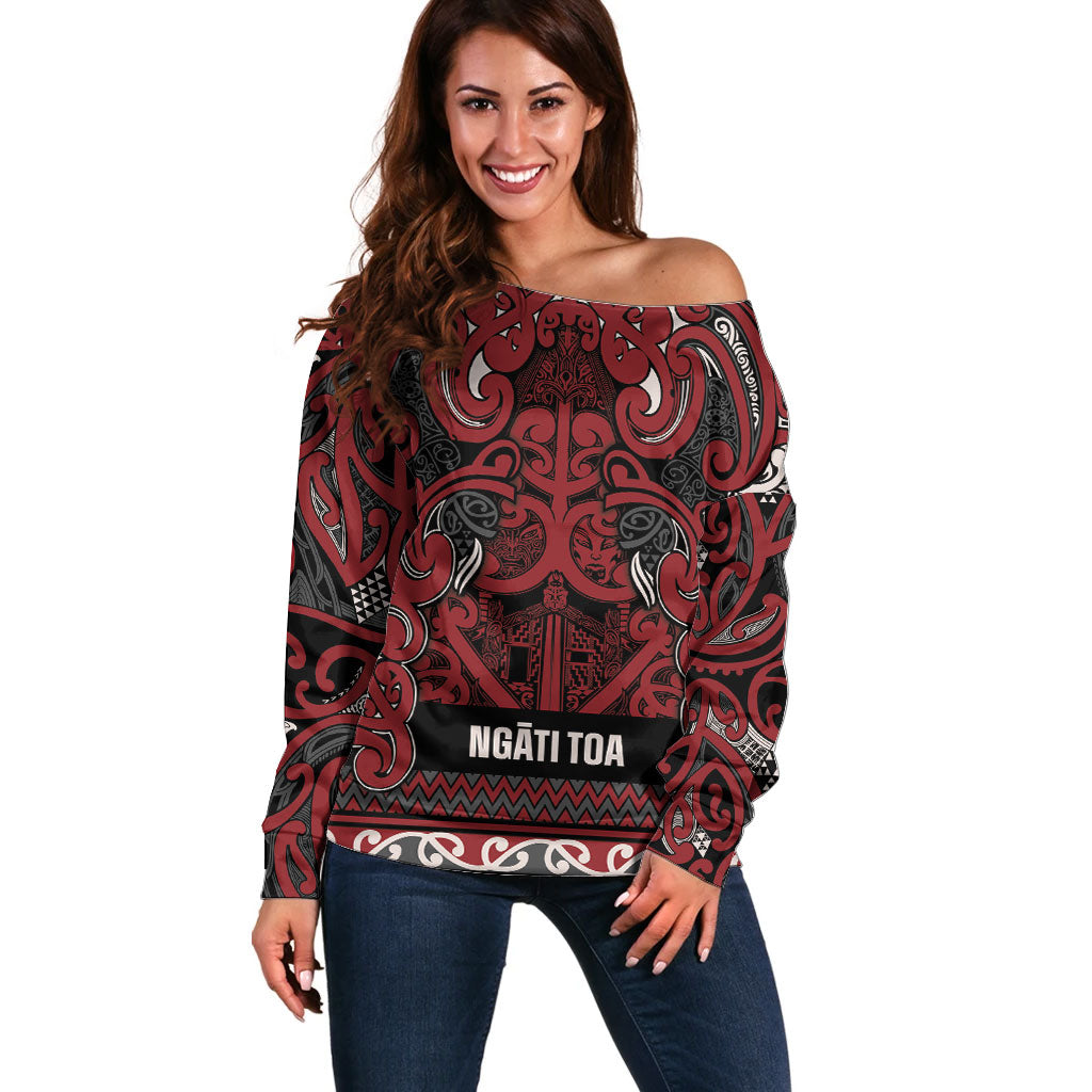 Aotearoa Iwi Ngati Toa Off Shoulder Sweater Maori Wharenui House Tribal Pattern LT9 Women Dark Red - Polynesian Pride