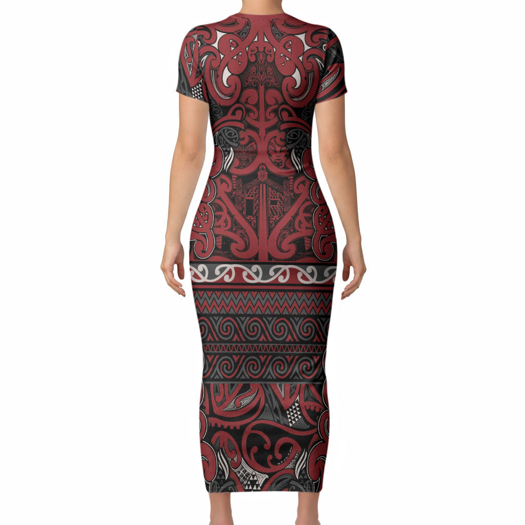Aotearoa Iwi Ngati Toa Short Sleeve Bodycon Dress Maori Wharenui House Tribal Pattern LT9 - Polynesian Pride