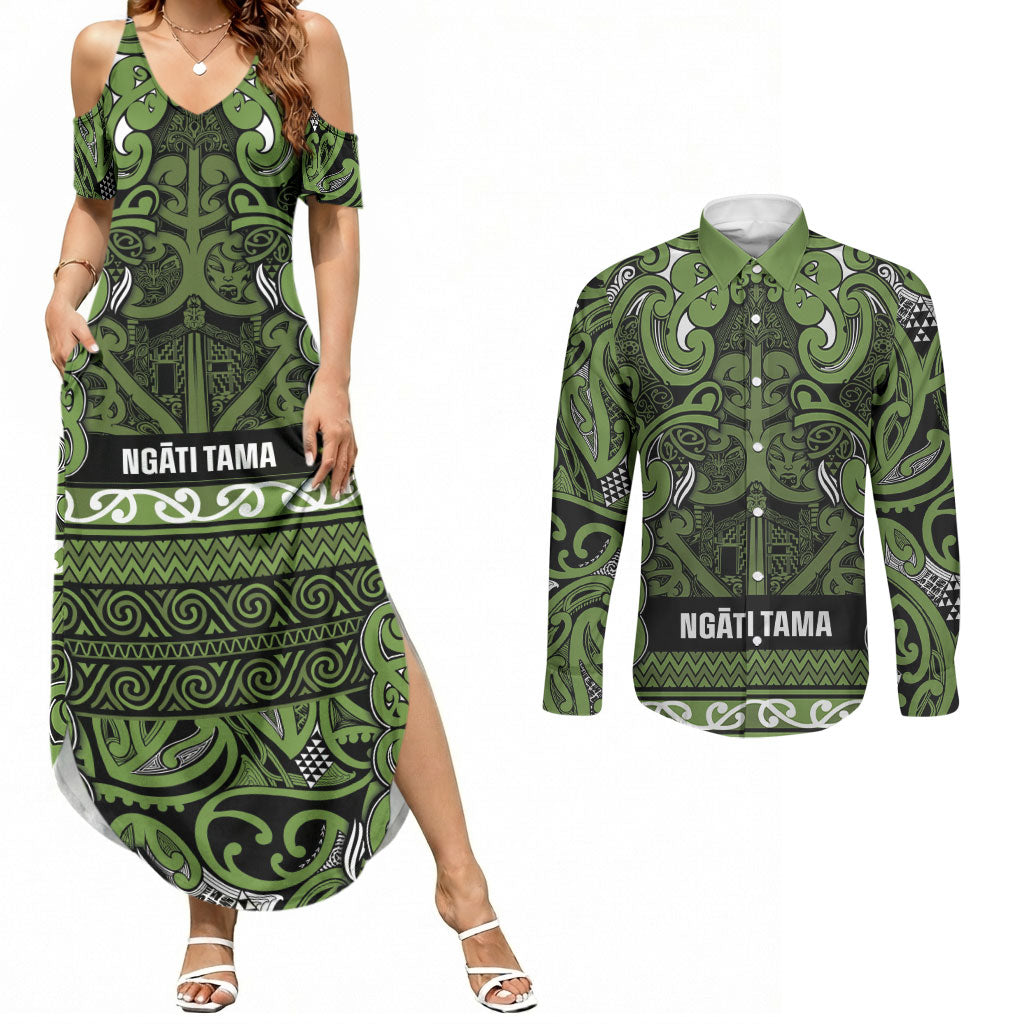 Aotearoa Iwi Ngāti Tama ki Taranaki Trust Couples Matching Summer Maxi Dress and Long Sleeve Button Shirt Maori Wharenui House Tribal Pattern