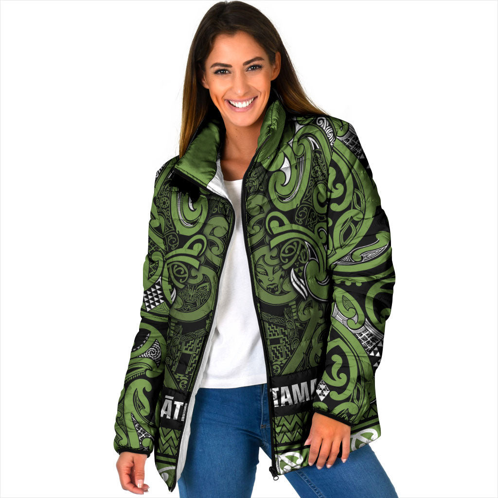 Aotearoa Iwi Ngāti Tama ki Taranaki Trust Padded Jacket Maori Wharenui House Tribal Pattern LT9 Women Lime - Polynesian Pride
