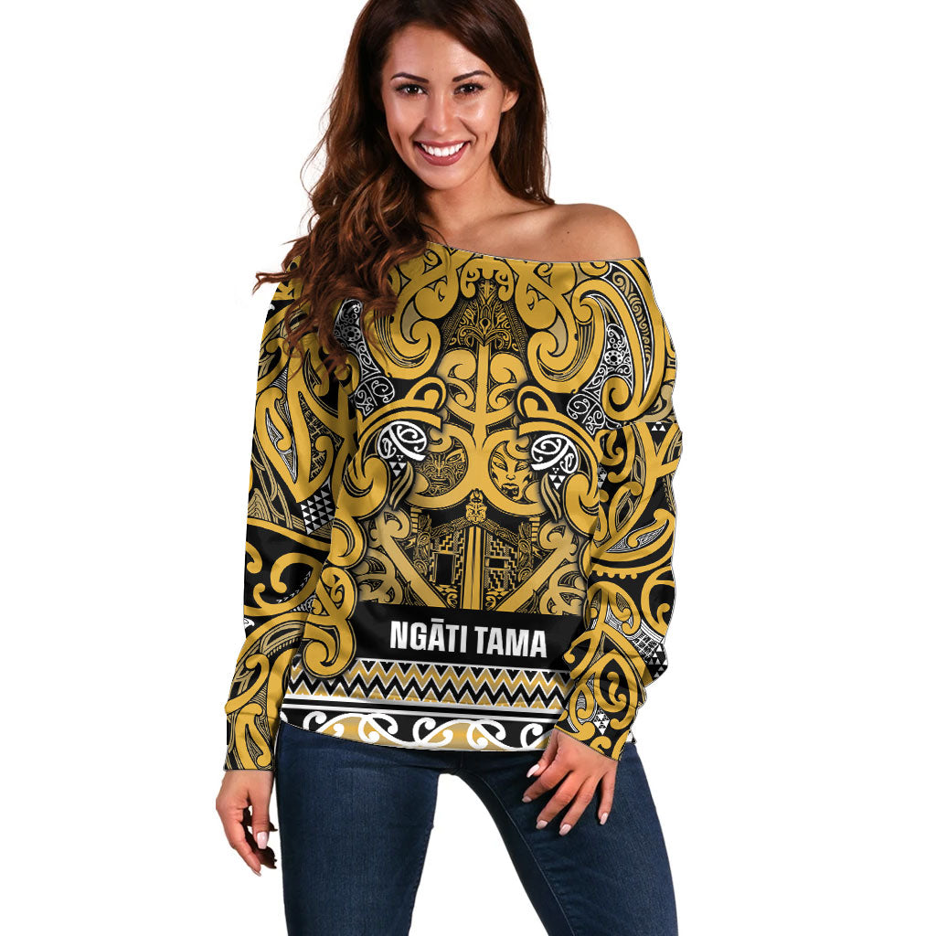 Aotearoa Iwi Ngāti Tama ki Te Waipounamu Trust Off Shoulder Sweater Maori Wharenui House Tribal Pattern LT9 Women Gold - Polynesian Pride
