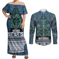 Aotearoa Iwi Ngati Mutunga Couples Matching Off Shoulder Maxi Dress and Long Sleeve Button Shirt Maori Wharenui House Tribal Pattern LT9 Ocean Blue - Polynesian Pride