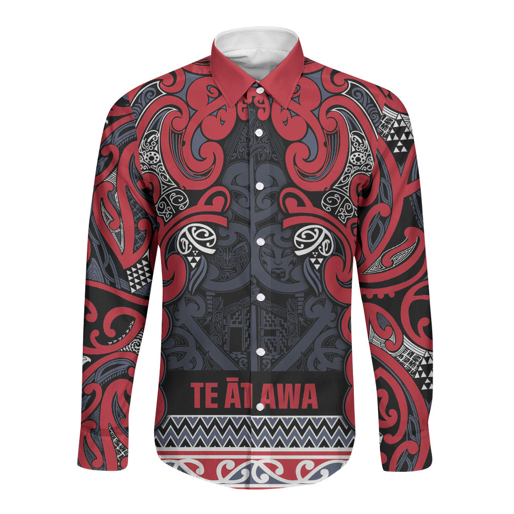 Aotearoa Iwi Te ati Awa Long Sleeve Button Shirt Maori Wharenui House Tribal Pattern LT9 Unisex Bright Red - Polynesian Pride