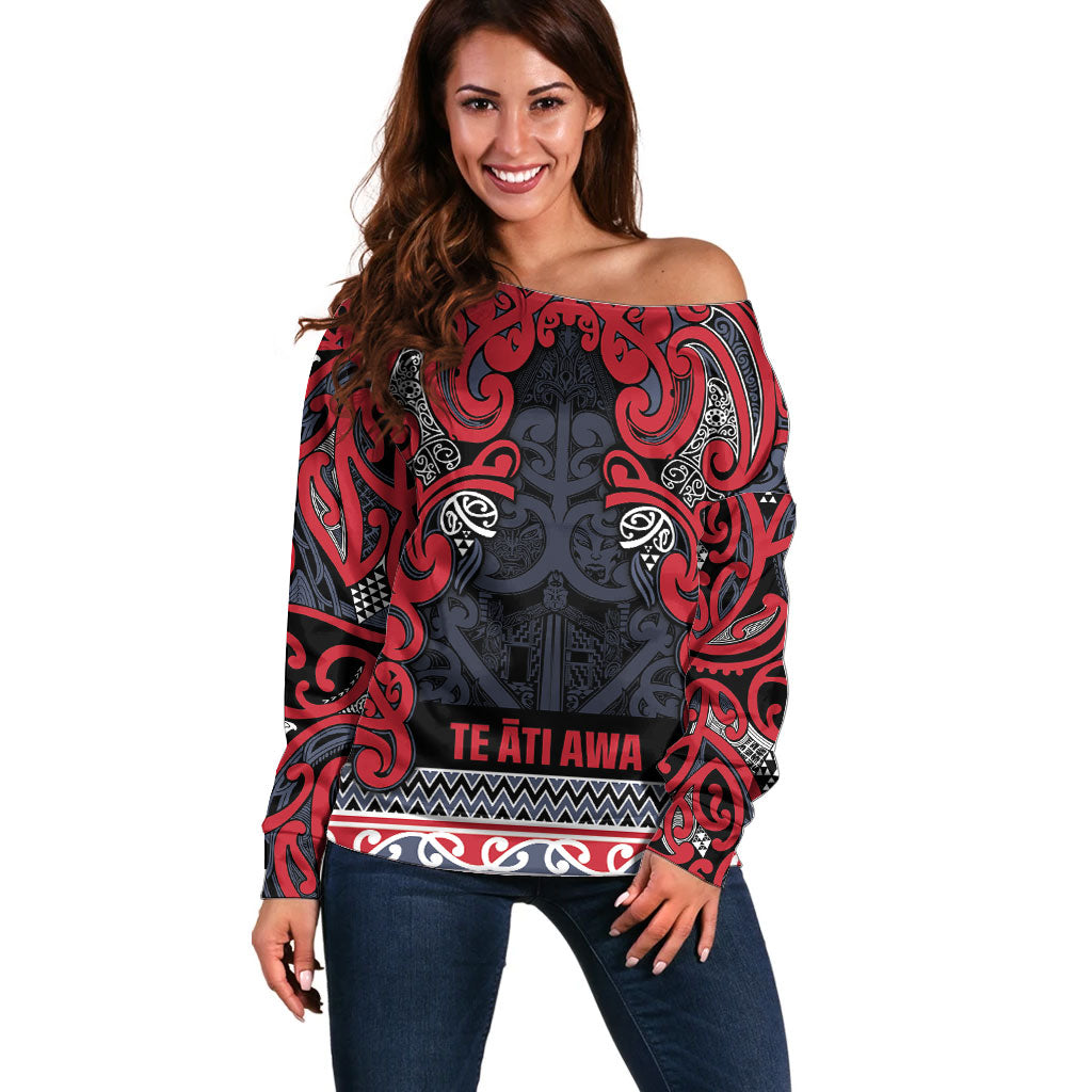 Aotearoa Iwi Te ati Awa Off Shoulder Sweater Maori Wharenui House Tribal Pattern LT9 Women Bright Red - Polynesian Pride