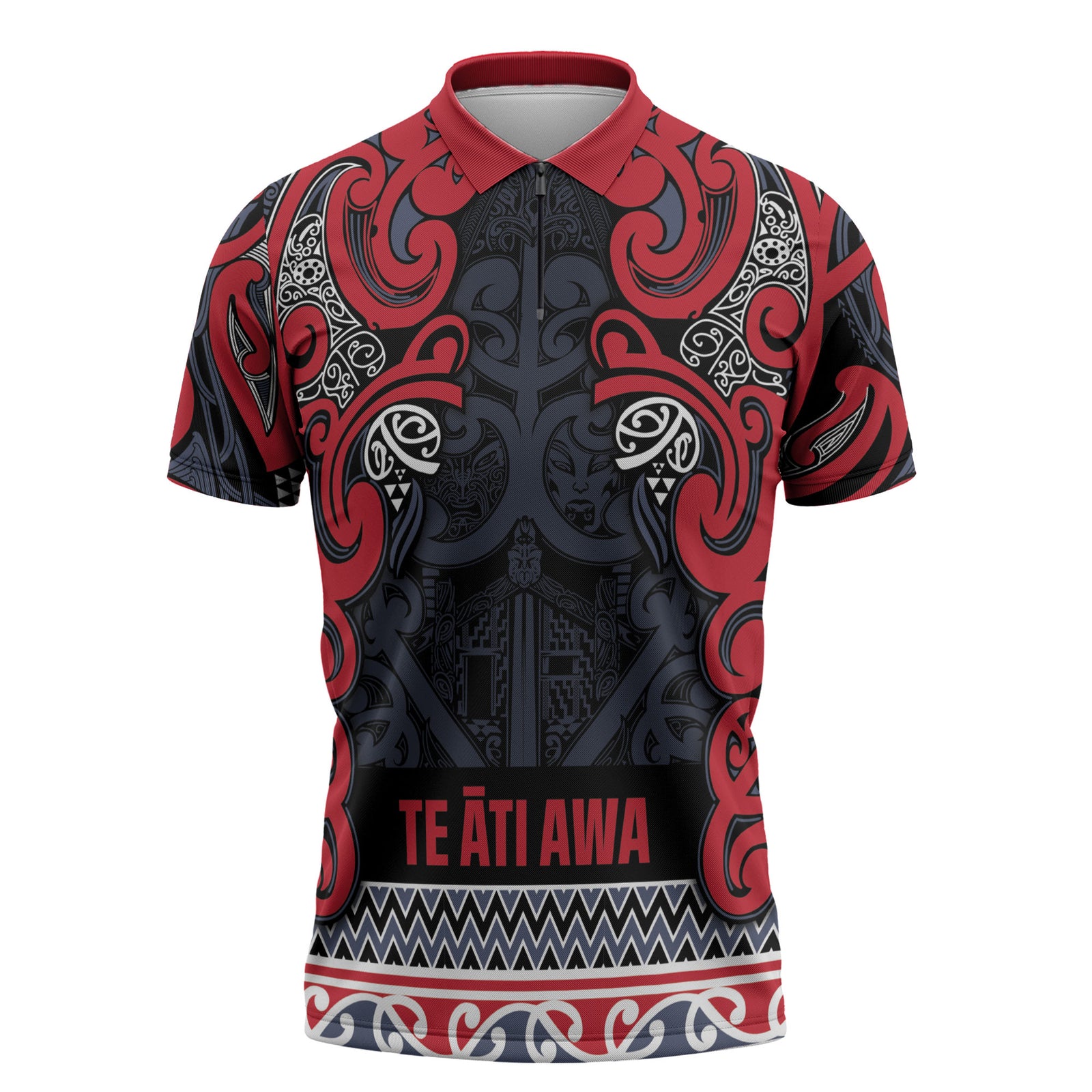 Aotearoa Iwi Te ati Awa Zipper Polo Shirt Maori Wharenui House Tribal Pattern