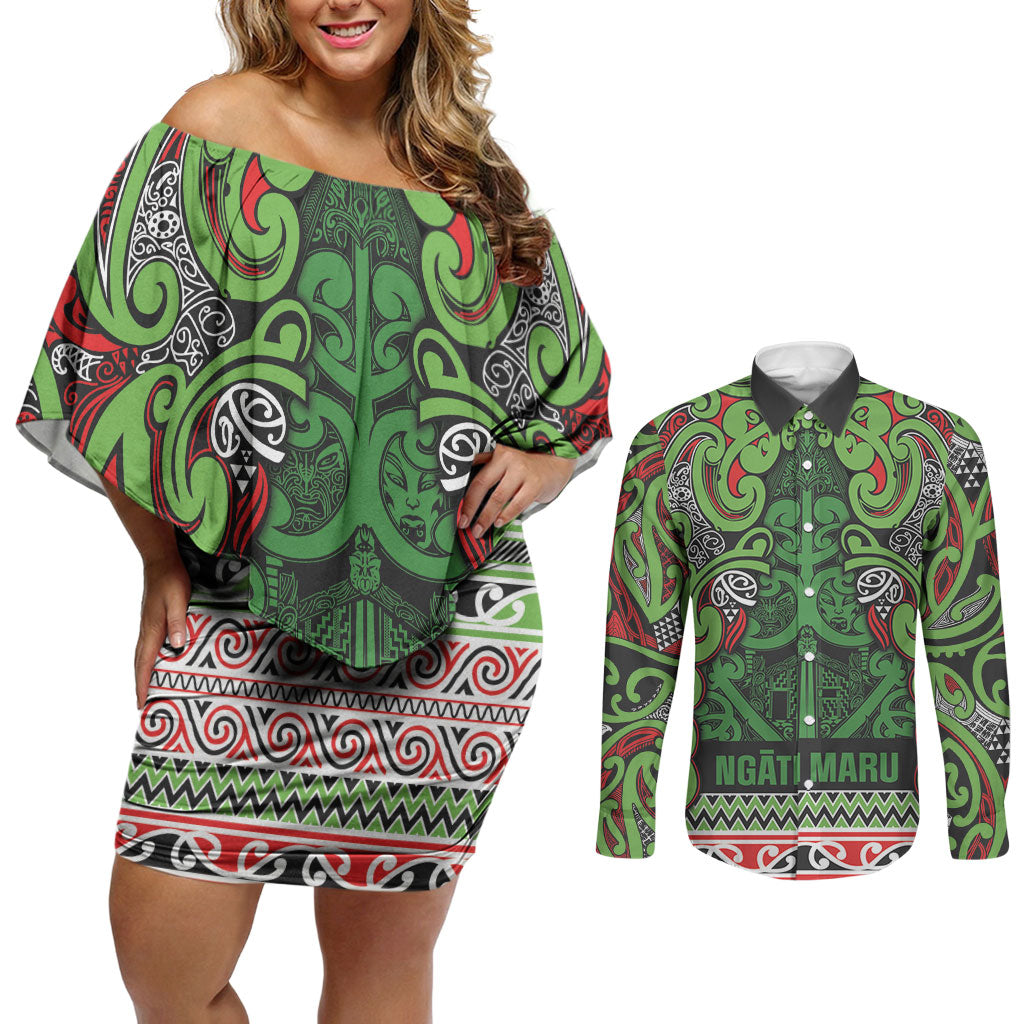 Aotearoa Iwi Ngati Maru Hauraki Couples Matching Off Shoulder Short Dress and Long Sleeve Button Shirt Maori Wharenui House Tribal Pattern