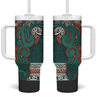 Aotearoa Iwi Ngāti Maru Taranaki Tumbler With Handle Maori Wharenui House Tribal Pattern LT9 One Size: 40 oz Deep Teal - Polynesian Pride