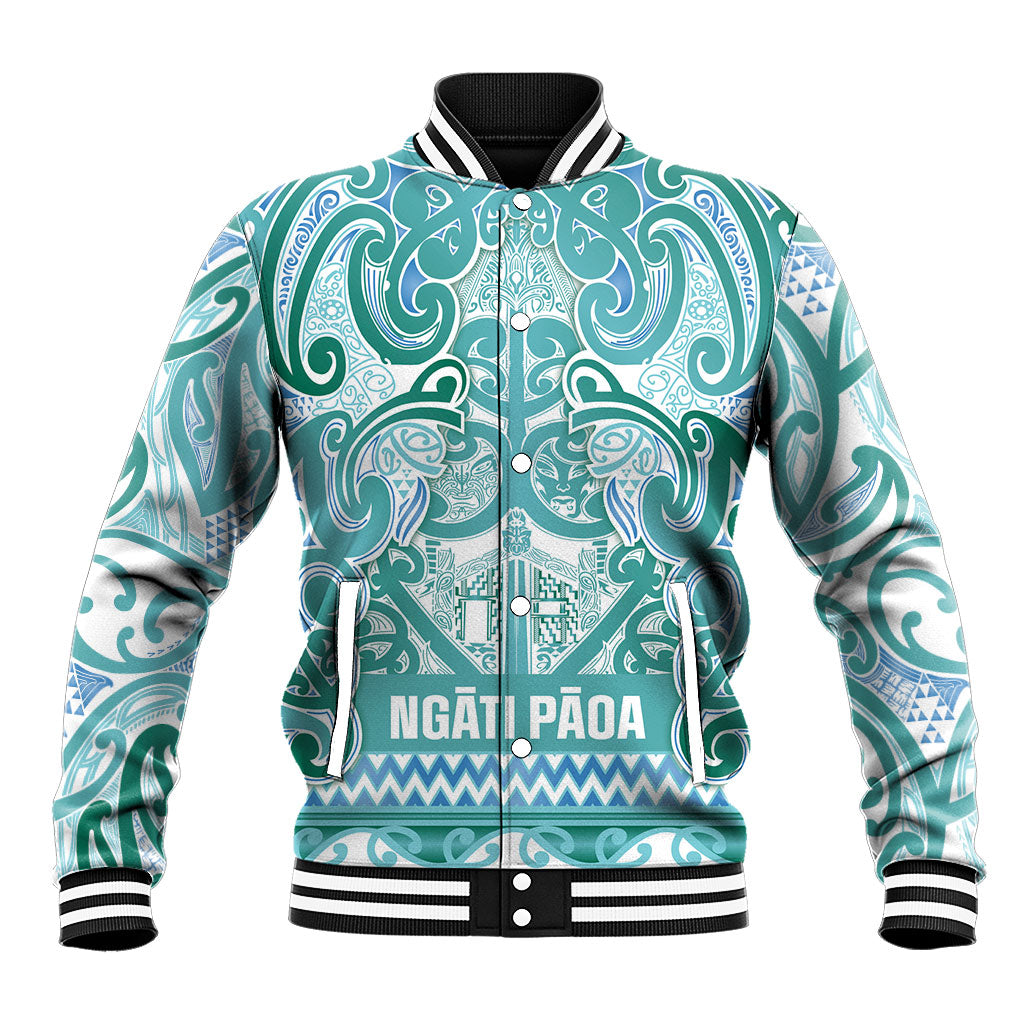 Aotearoa Iwi Ngati Paoa Baseball Jacket Maori Wharenui House Tribal Pattern LT9 Unisex Turquoise - Polynesian Pride