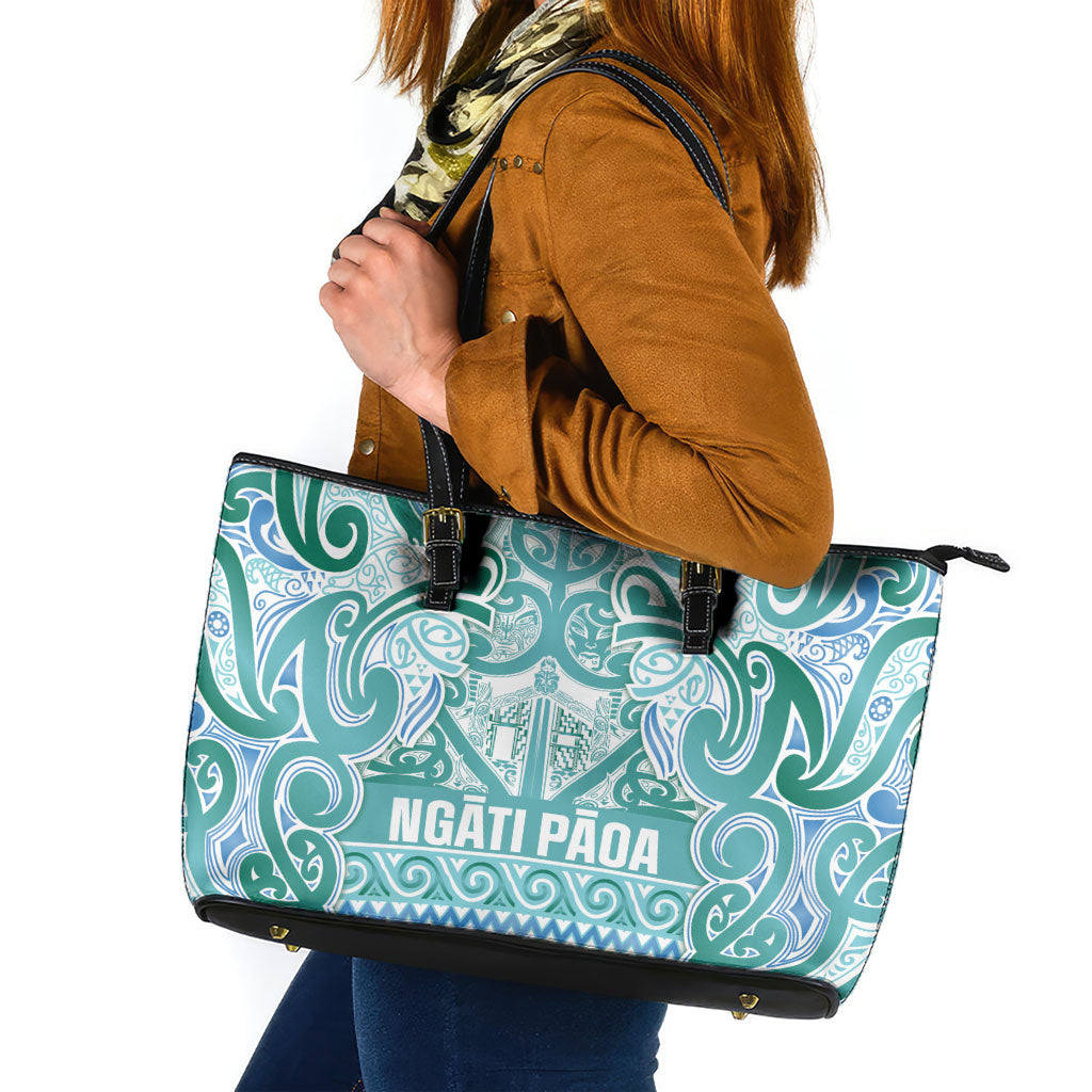 Aotearoa Iwi Ngati Paoa Leather Tote Bag Maori Wharenui House Tribal Pattern LT9 Turquoise - Polynesian Pride