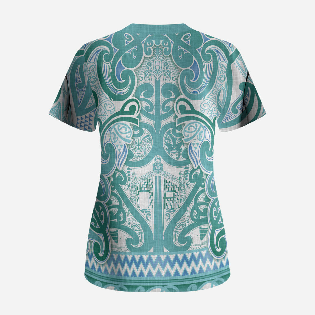 Aotearoa Iwi Ngati Paoa Scrub Top Maori Wharenui House Tribal Pattern LT9 - Polynesian Pride