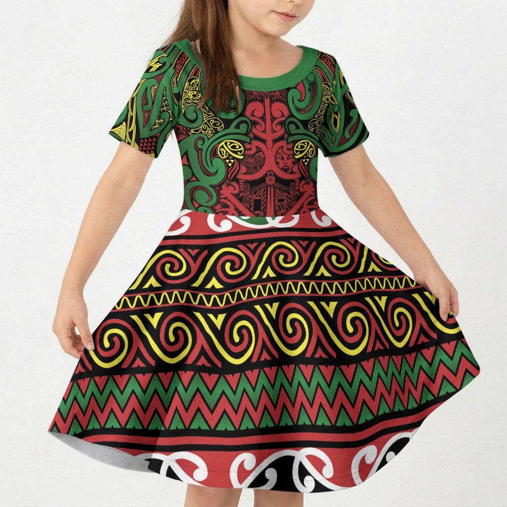 Aotearoa Iwi Ngati Hine Kid Short Sleeve Dress Maori Wharenui House Tribal Pattern LT9 KID Deep Green - Polynesian Pride
