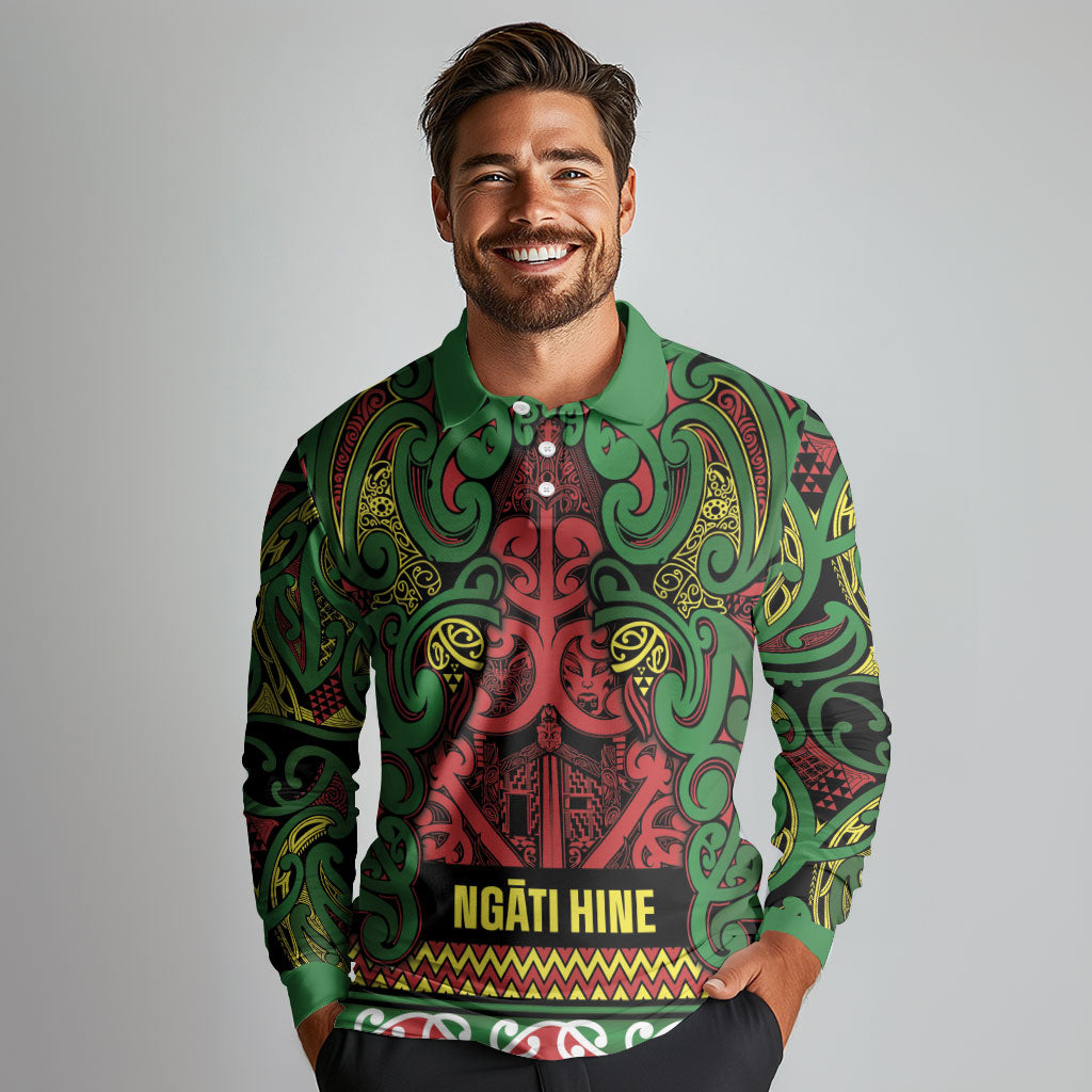 Aotearoa Iwi Ngati Hine Long Sleeve Polo Shirt Maori Wharenui House Tribal Pattern LT9 - Polynesian Pride