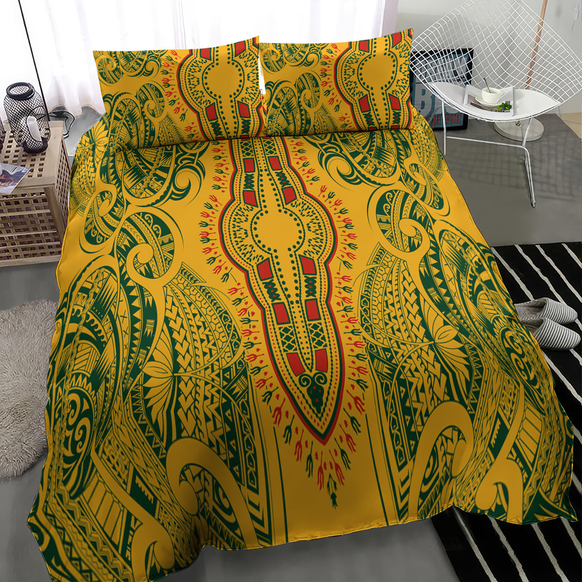 Africa Dashiki Bedding Set African Tribal Art Mixed Polynesian Tattoo Gold Color Unique LT9 - Polynesian Pride