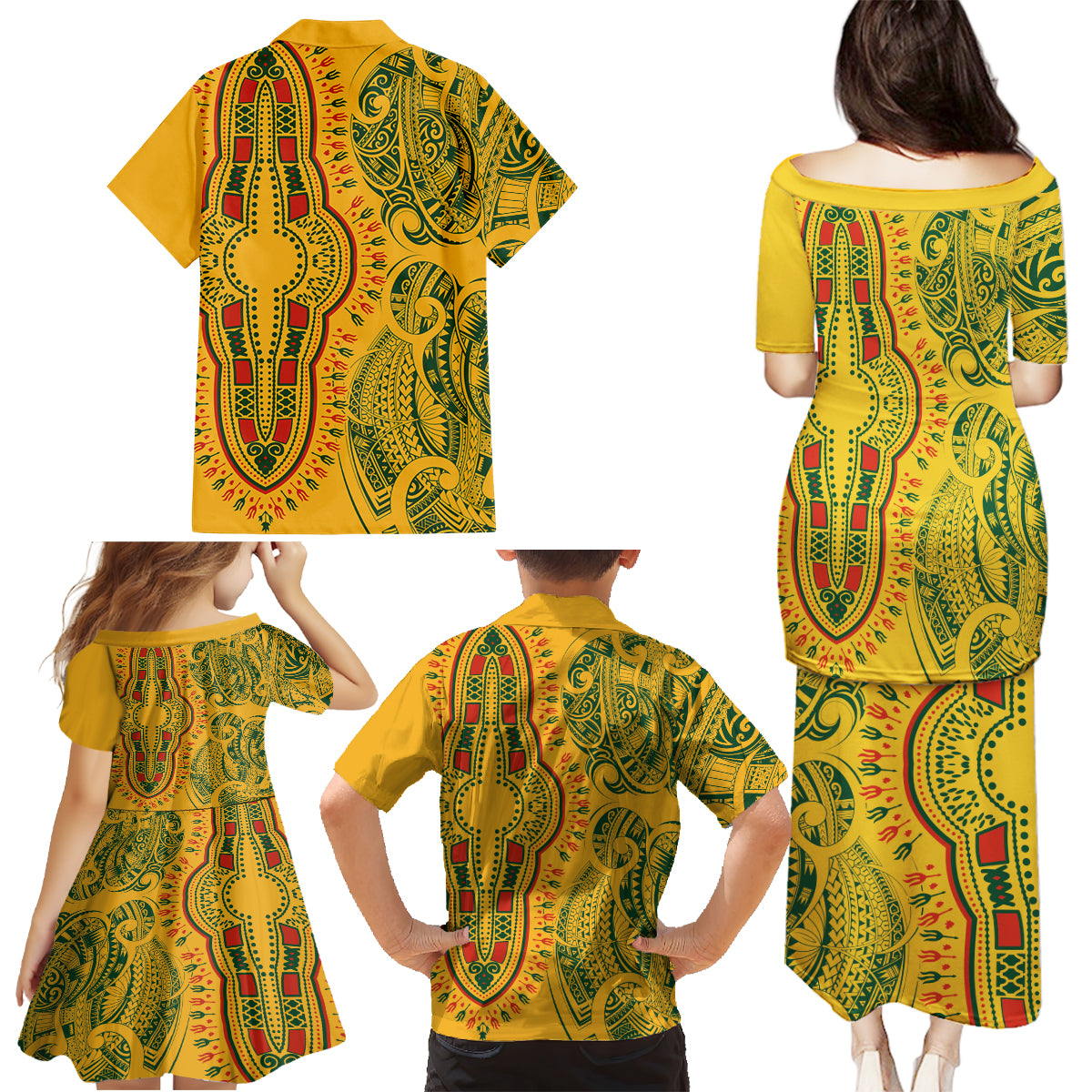 Africa Dashiki Family Matching Puletasi Dress and Hawaiian Shirt African Tribal Art Mixed Polynesian Tattoo Gold Color Unique LT9 - Polynesian Pride