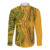 Africa Dashiki Long Sleeve Button Shirt African Tribal Art Mixed Polynesian Tattoo Gold Color Unique LT9 Unisex Gold - Polynesian Pride