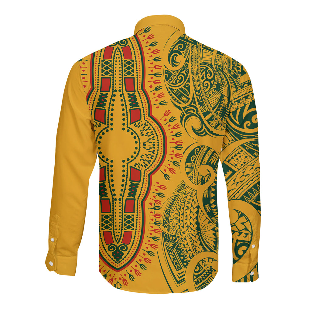 Africa Dashiki Long Sleeve Button Shirt African Tribal Art Mixed Polynesian Tattoo Gold Color Unique LT9 - Polynesian Pride