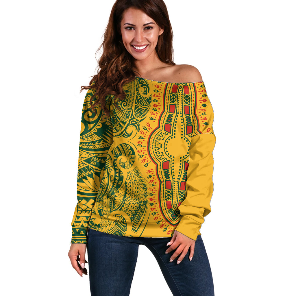 Africa Dashiki Off Shoulder Sweater African Tribal Art Mixed Polynesian Tattoo Gold Color Unique LT9 Women Gold - Polynesian Pride
