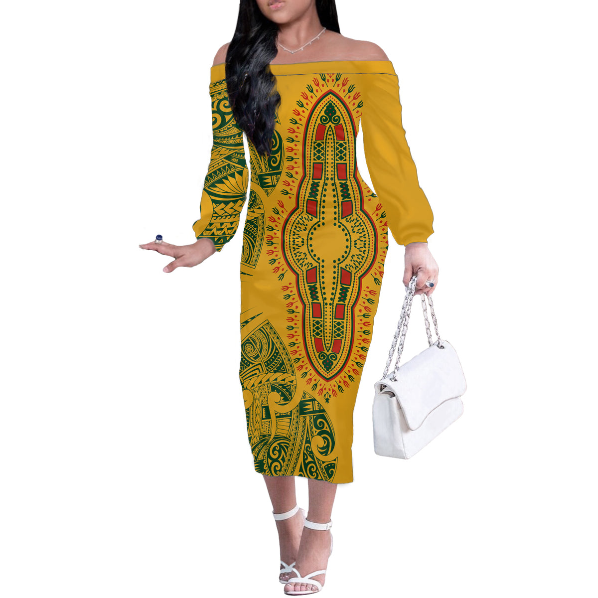 Africa Dashiki Off The Shoulder Long Sleeve Dress African Tribal Art Mixed Polynesian Tattoo Gold Color Unique LT9 Women Gold - Polynesian Pride