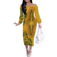 Africa Dashiki Off The Shoulder Long Sleeve Dress African Tribal Art Mixed Polynesian Tattoo Gold Color Unique LT9 Women Gold - Polynesian Pride