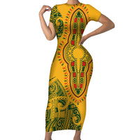 Africa Dashiki Short Sleeve Bodycon Dress African Tribal Art Mixed Polynesian Tattoo Gold Color Unique LT9 Long Dress Gold - Polynesian Pride