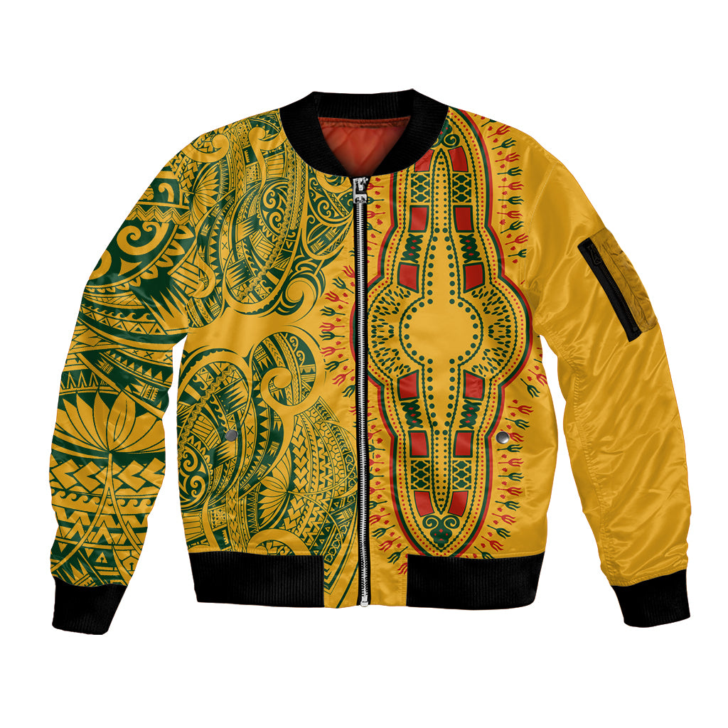 Africa Dashiki Sleeve Zip Bomber Jacket African Tribal Art Mixed Polynesian Tattoo Gold Color Unique LT9 Unisex Gold - Polynesian Pride