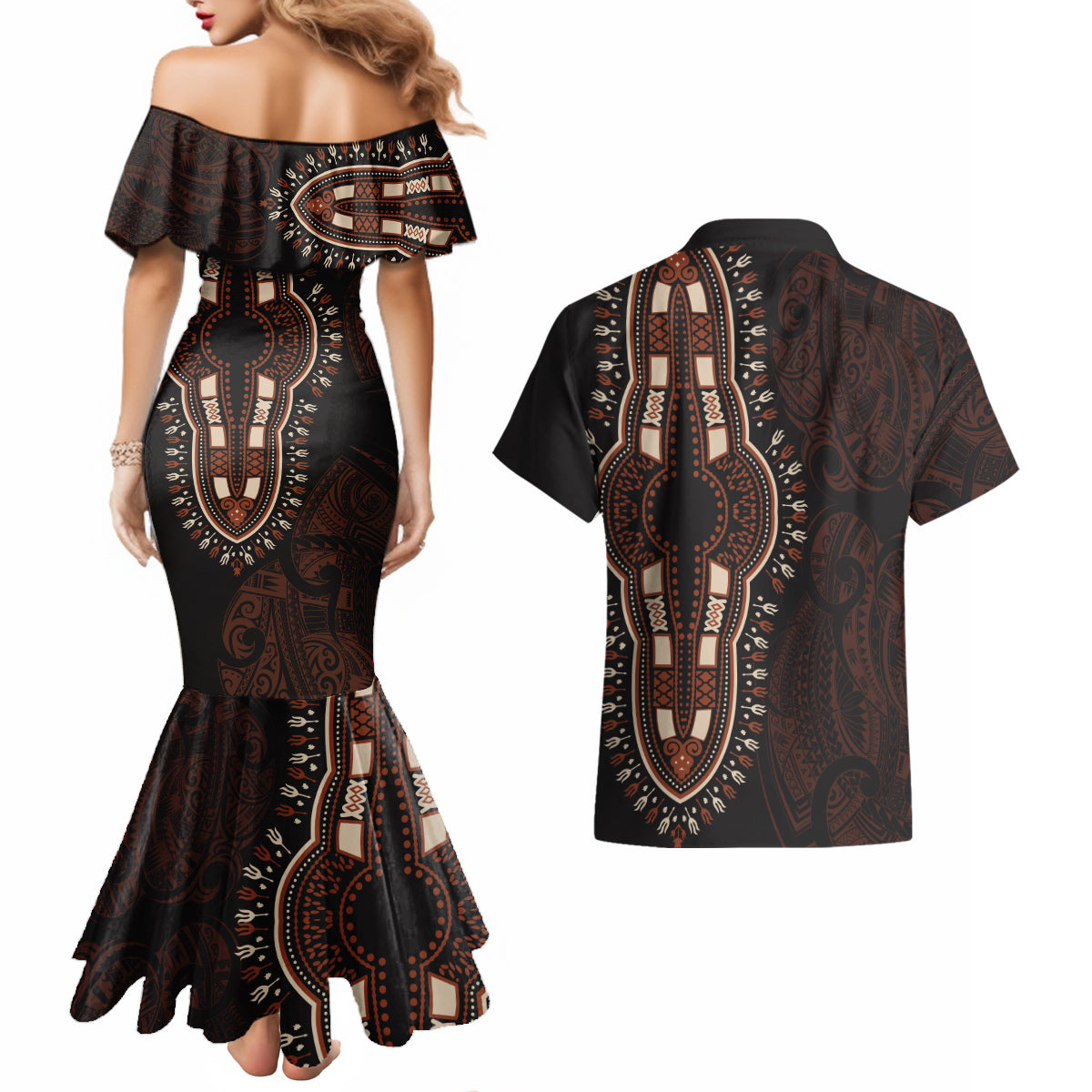 Africa Dashiki Couples Matching Mermaid Dress and Hawaiian Shirt African Tribal Art Mixed Polynesian Tattoo Red Color Unique LT9 - Polynesian Pride