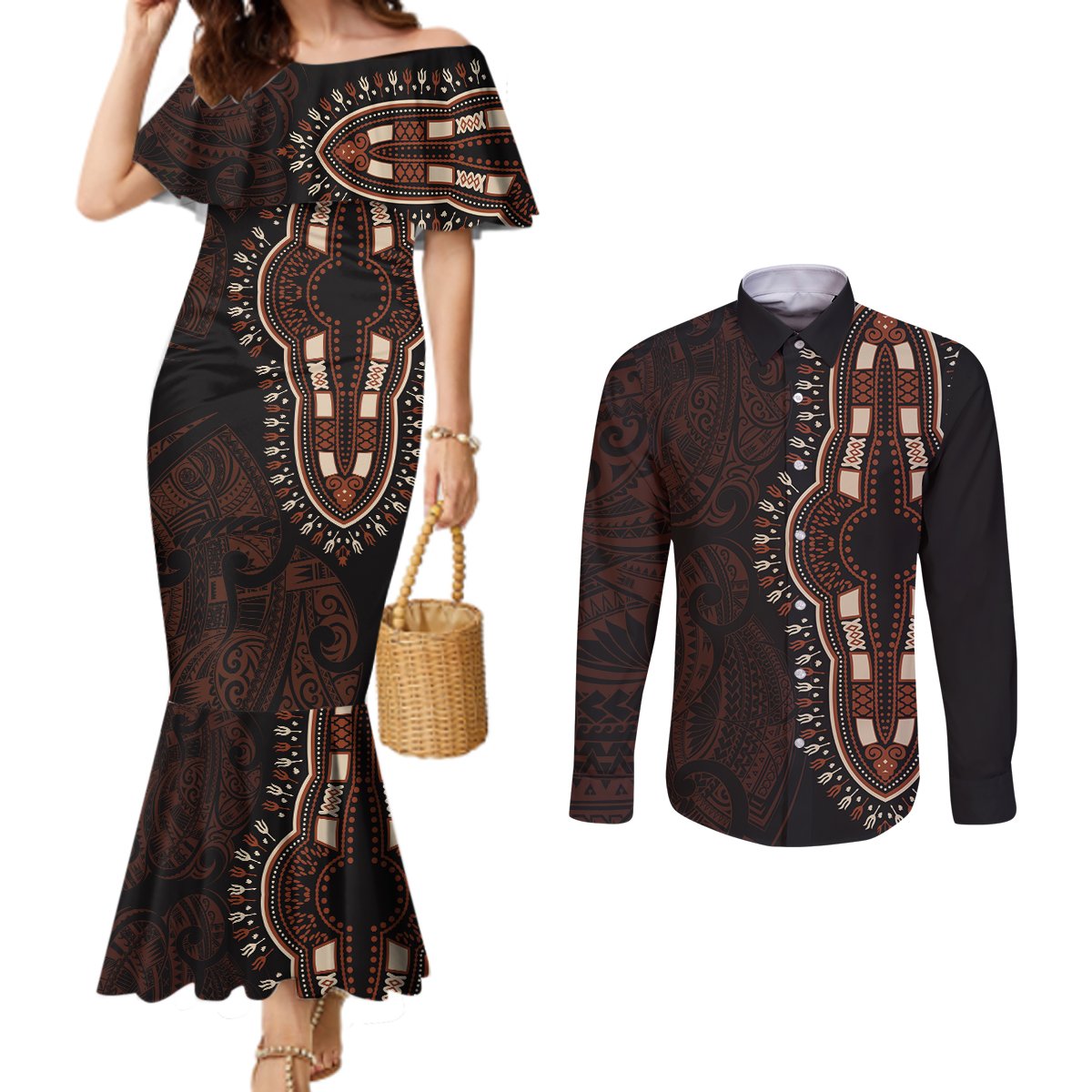 Africa Dashiki Couples Matching Mermaid Dress and Long Sleeve Button Shirts African Tribal Art Mixed Polynesian Tattoo Red Color Unique LT9 Red - Polynesian Pride