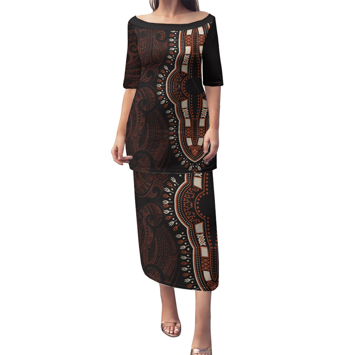 Africa Dashiki Family Matching Puletasi Dress and Hawaiian Shirt African Tribal Art Mixed Polynesian Tattoo Red Color Unique LT9 Mom's Dress Red - Polynesian Pride