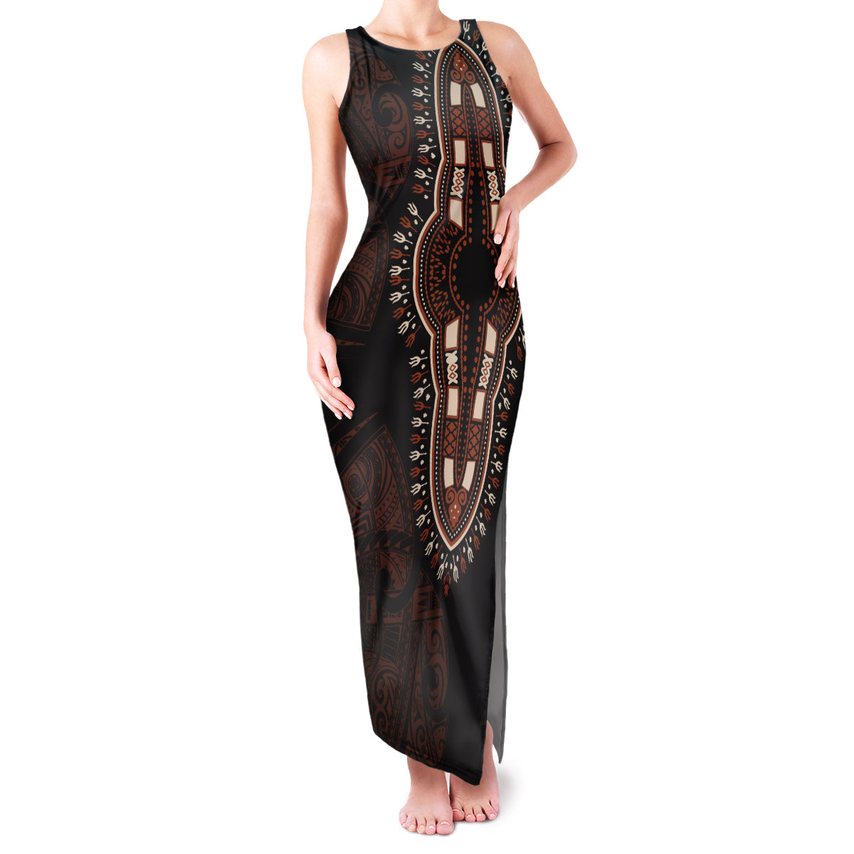 Africa Dashiki Family Matching Tank Maxi Dress and Hawaiian Shirt African Tribal Art Mixed Polynesian Tattoo Red Color Unique LT9 Mom's Dress Red - Polynesian Pride